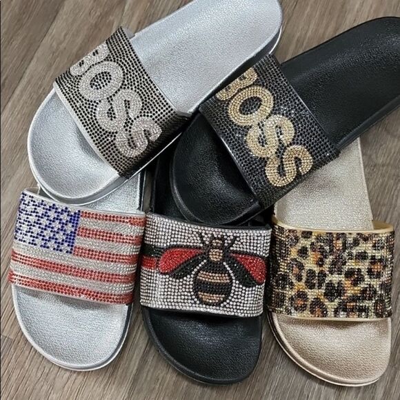 Leopard Rhinestone Trendy Summer Slide Sandals - Picture 2 of 2